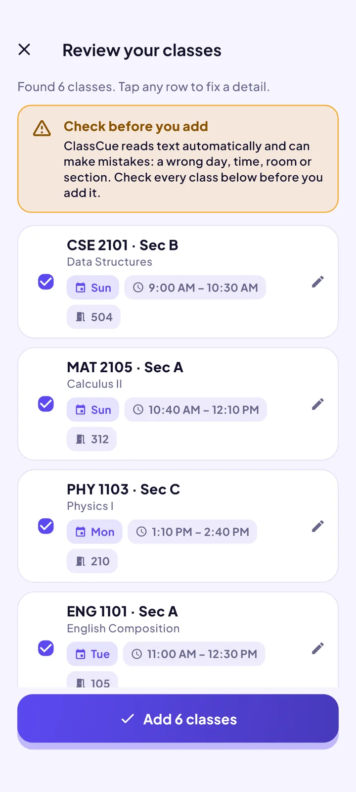 The Scan review screen of the ClassCue app
