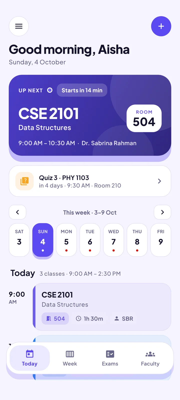 The Today screen of the ClassCue app